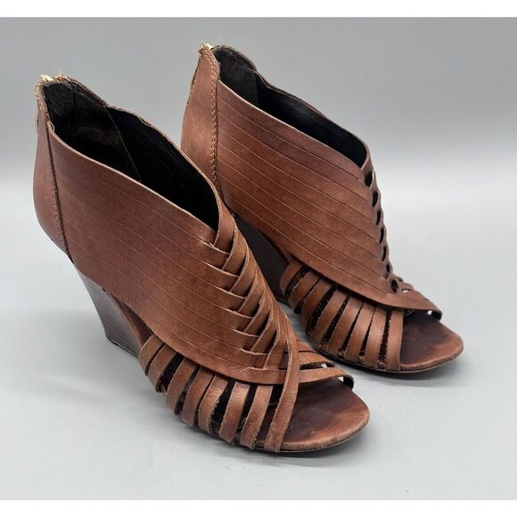 Vince Camuto Shoes - Vince Camuto Wedge Women's 6.5 Venita Brown‎ Leather Open Toe Bootie Strappy